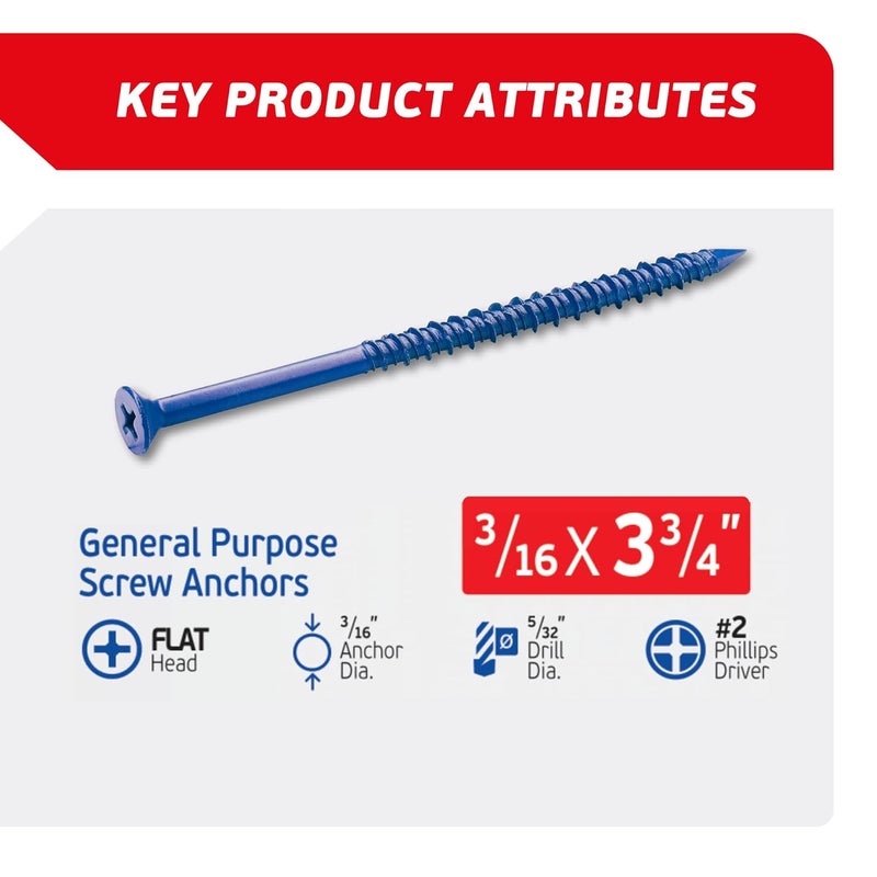 FixMaster 3/16 x 3-3/4" Countersunk Phillips Flat Head Blue Concrete Screw Anchors (100 pcs Screw Kit) with one Screwdriver and Drill Bit for Concrete, Masonry, Block, Brick and Wood Fastening - Image 2